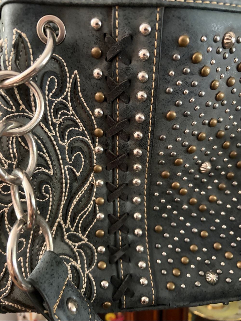 Montana West Black Embroidered Studded Shoulder Bag with Chain Straps - Picture 5 of 10